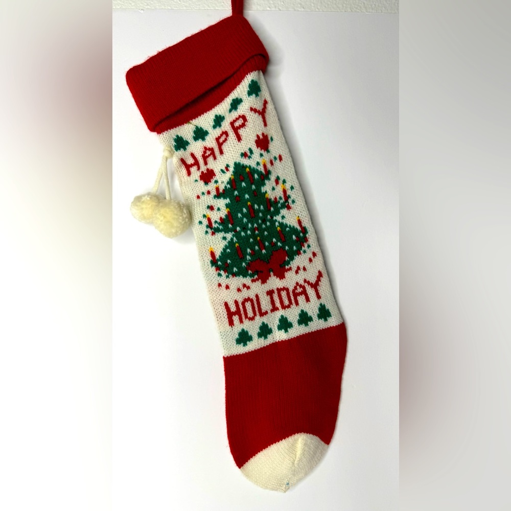 Vintage Knitted Christmas Stocking Happy Holiday‎ Tree Design